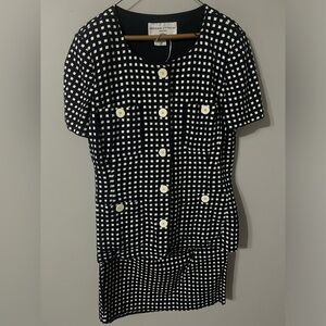 VINTAGE Adrienne Vittadini Top & Skirt Suit Set Navy White Plaid with Buttons